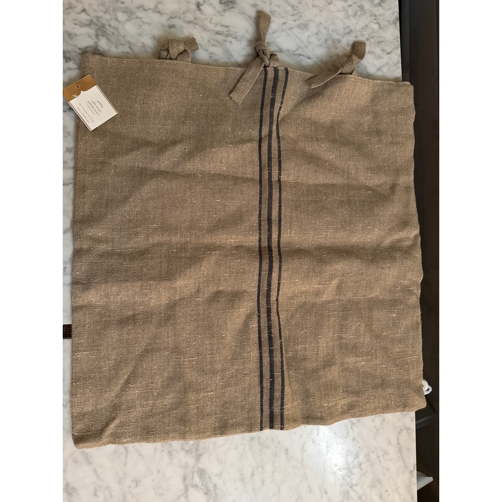 Pottery Barn Cafe Stripe Pillow Cover 26x26 Tan Navy Blue Grain Sack Tie Top NEW